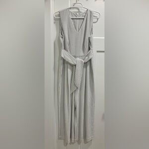 Calvin Klein Cropped Wide Leg Jumpsuit, White with thin black Stripes. Size 4